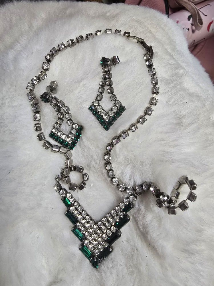 Vintage Art Deco Rhinestone Necklace And Earrings