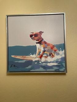 Surfing Dog Wall Painting Oil On Canvas 18”x18” Aluminum Frame