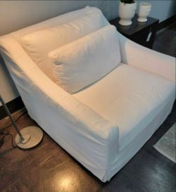 RESTORATION HARDWARE-BELGIAN CLASSIC SLOPE ARM SLIPCOVERED CHAIR-AND-A-HALF