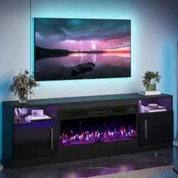 70-inch fireplace TV stand with 36-inch electric fireplace, suitable for up to 80-inch TVs, LED entertainment center, high-gloss doors, modern wooden 