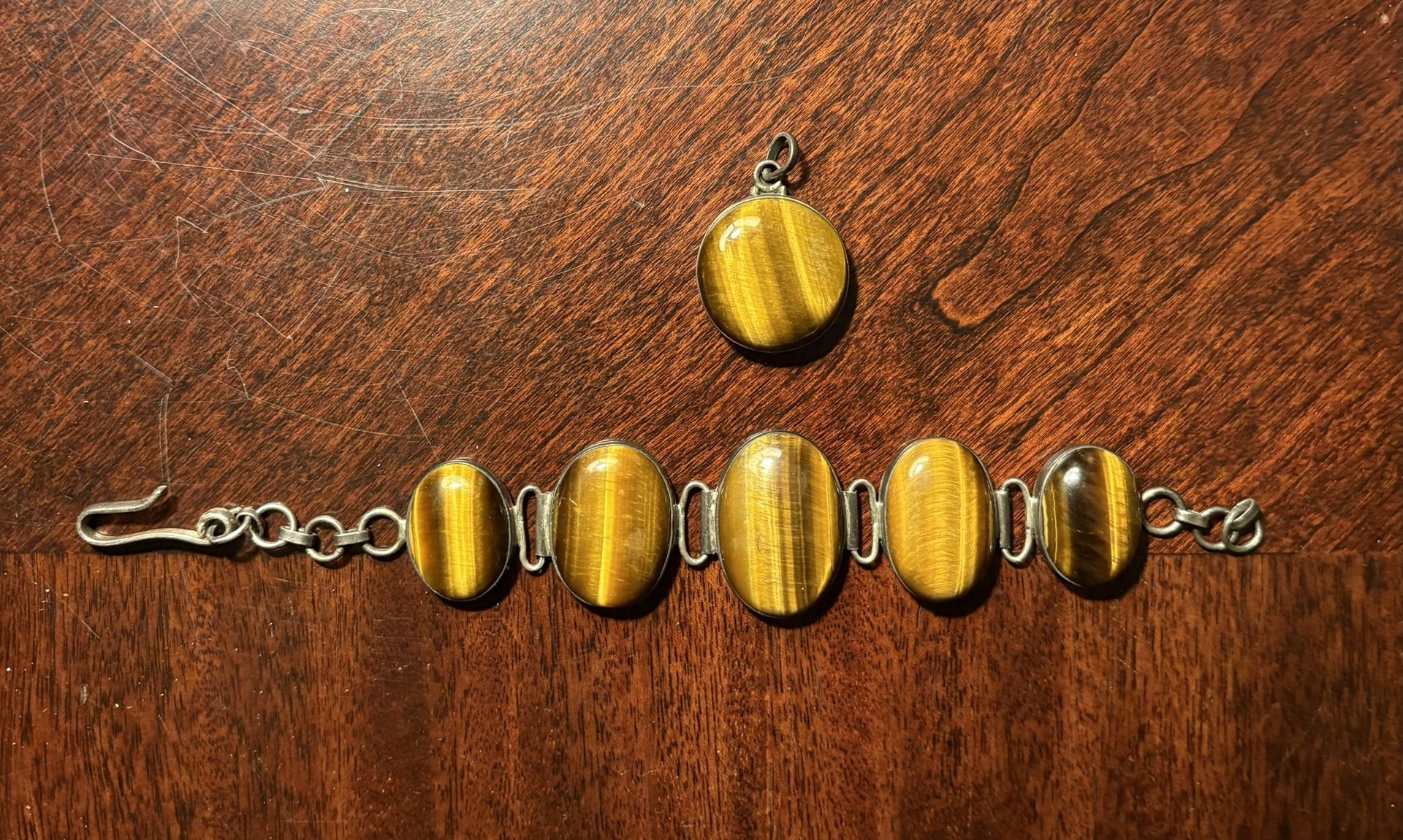 Vintage Sterling Silver Tiger Eye Bracelet And Pendent