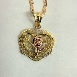14K Tri-Color Gold Heart Rose Pendant