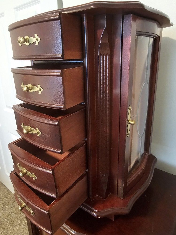 $45.00 - 16" Jewelry Cabinet - Tabletop/Rotating Base/Mirror/Etched Glass/Rings Holder & More! Great Condition - Lowest Price!
