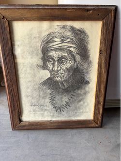 Signed Richard Roberts Native American Portrait – Charcoal Art Print in Rustic Wood Frame