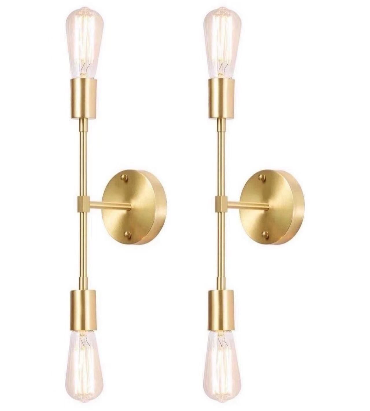 Gold Vanity Lights, 2-Light Bathroom Light Fixtures Over Mirror Brass Sconce Modern Semi Flush Mount Ceiling Light Fixture for Toilet Bedroom Living D