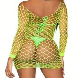 Neon Green Hollow Out Fishnet Dress,
Off The Shoulder Long Sleeves 
