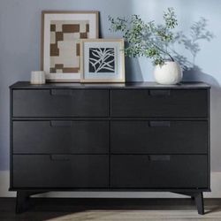 Mid Century Modern Black Solid 6 Drawer Wood Dresser Console Buffet