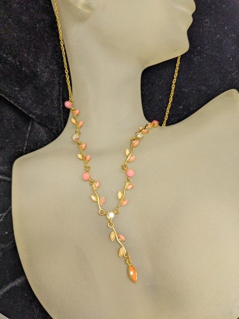 Elegant Pink Coral Leaf Floral Gold Necklace Bridal 