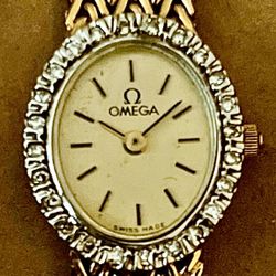 VINTAGE OMEGA 14K SOLID GOLD & DIAMOND BEZEL – STUNNING LUXURY PIECE + BOX