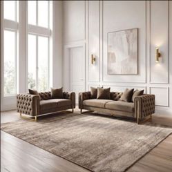 Brand New Warm Mink Brown Gold Trim Sofa and Love Seat Set with Tufted Backs