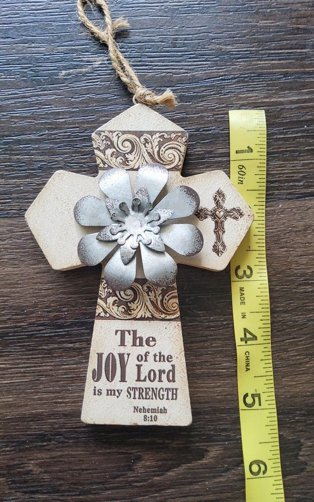 Decorative Wooden Cross With Metal Flower And Scripture Verse