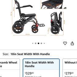 (18" Seat Width) Portable Transport Wheelchair Foldable Lightweight Travel Wheelchair with Telescopic Handle for Senior and Adults with Handbrakes Sup