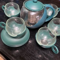 Tampered Glass Tea Pot, Cups Woth Set Of Plates