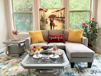 Apartment size Gray L Sectional with tables