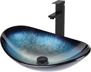 Bathroom Boat Shape Artistic Glass Vessel Sink, Blue Black Faucet and Pop-up Drain Set