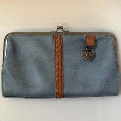 Vintage Blue Leather Clutch Wallet Kiss Lock Frame Heart Charm Organizer