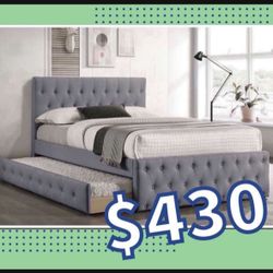 New In Box FULL BED W/TRUNDLE-LIGHT GREY BURLAP And 2 Mattresses.