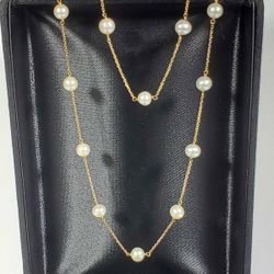 Gorgeous Set  14K Yellow Gold Pearls Necklace & Bracelet 