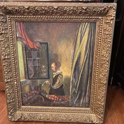 Rare Very Old Antique Oil Painting of Johannes Vermeer's "Girl Reading a Letter at an Open Window"