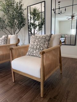 Wood and Rope Accent Chair with White Cushion