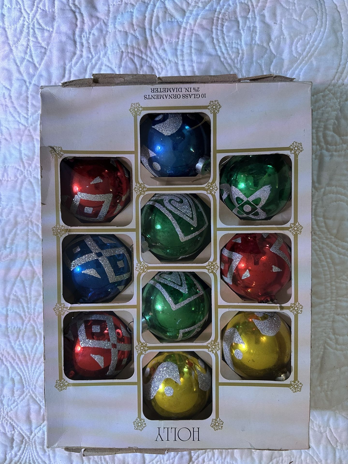 Set Of 10 Holly Vintage Glass Christmas Ornaments In Original Box.