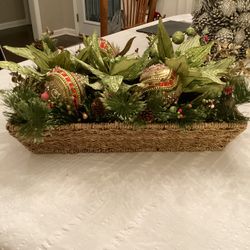 NEW Christmas centerpiece in basket with wood handles  20 x 14 x 6”