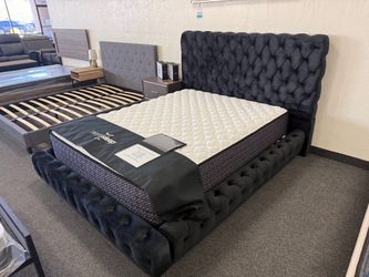 Black Tufted Velvet Upholstered Bed Frame