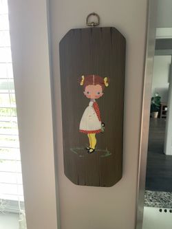 Vintage 1960s or 1970s "Big Eye" Girl Painting on a Wooden Plaque