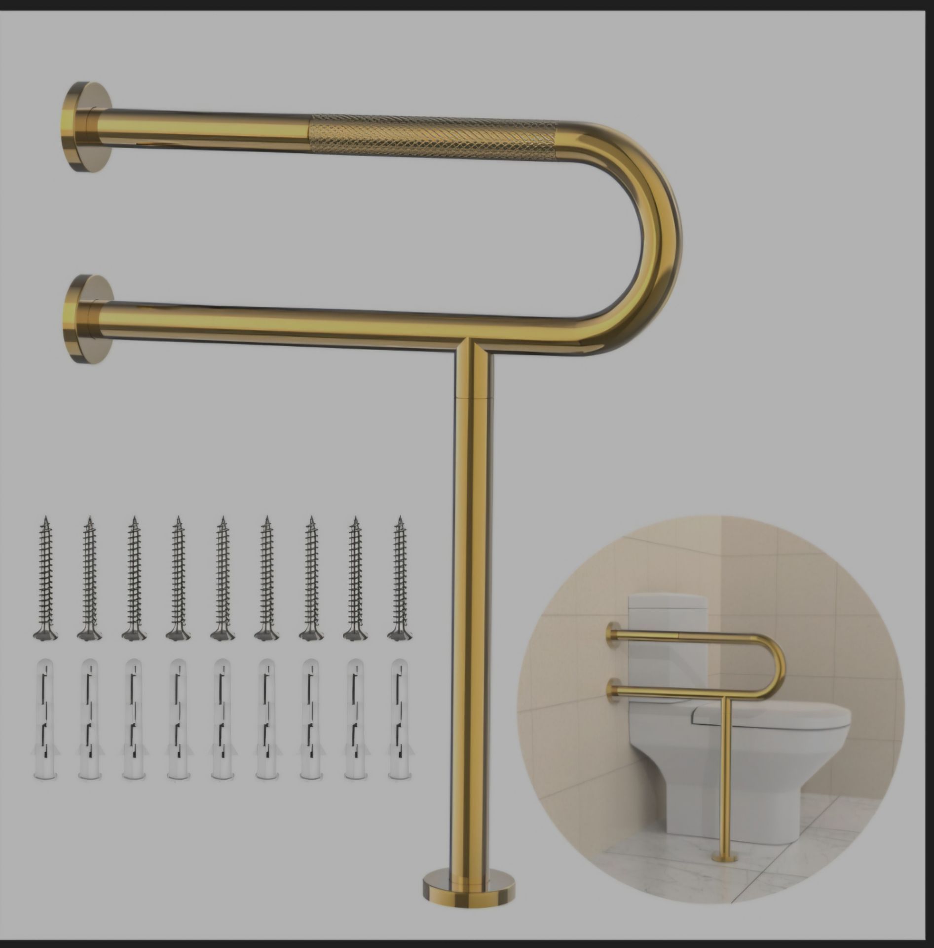 Toilet Grab Bar 23.4 Inch with Leg, YuanDe Wall Mounted Safety Bar, Stainless Steel Anti-Slip Bathroom Support Rail for Elderly, Disabled, Handicap, S