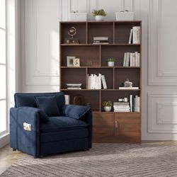 Homy Casa Eretria 2PC Living Room Furniture Set – Chenille Sofa & 70.87" Tall 10-Cube Bookshelf with Cabinet in Blue & Walnut Open Box