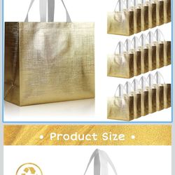 25 Pcs Gold Reusable Gift Bags with Metallic Design, Non-woven Gift Bag Bulk with Handles, Glossy Party Bags for Wrapping Gifts, Birthday, Wedding, Pa