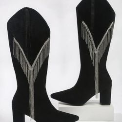 Cow Girl Black Silver Fringe Boots 