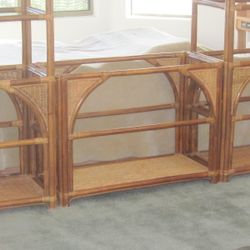 Bassett Bamboo & Cane Console Table & Etagere's With Glass Top Shelves 