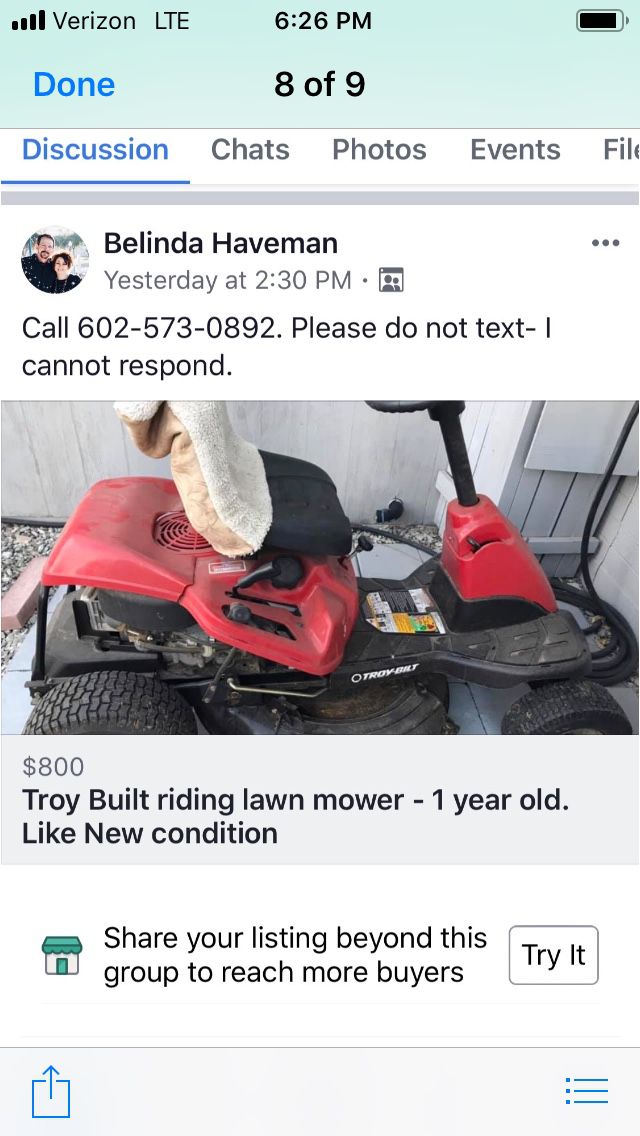Troy riding lawn mower barely used
