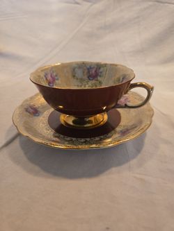 Vintage SGK China Burgundy & Heavy Gold Filigree Teacup & Saucer Set