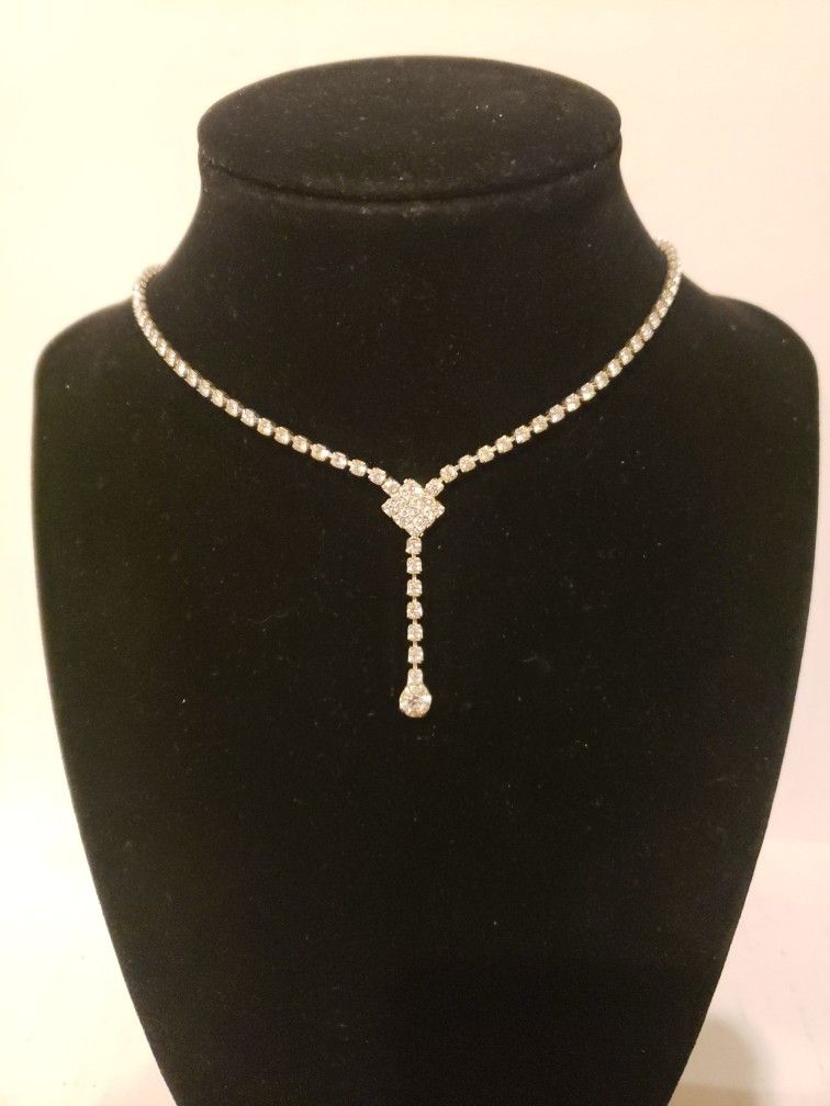 Rhinestone Silver Vintage Tennis Necklace Drop Pendant 16" F10