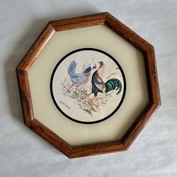 Vintage Wood Framed Leghorn Rooster and Hen Print by M. McShane