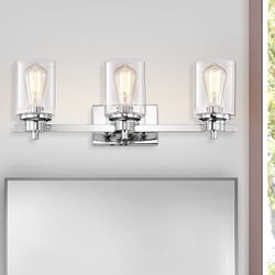 3-Light Chrome Bathroom Vanity Light Fixtures Over Mirror, Farmhouse Vanity Wall Sconce Lighting with Clear Glass Shade, Indoor Wall Mounted Lamp for