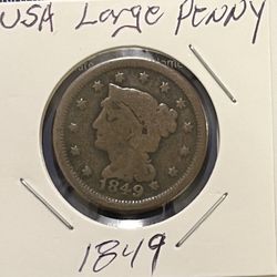 1849 Large Cent Braided Hair Penny USA  RARE