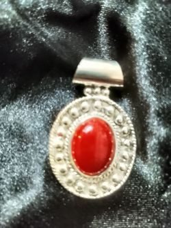 Artisan Sterling Silver Detailed Frame Red Cabochon Slide Pendant