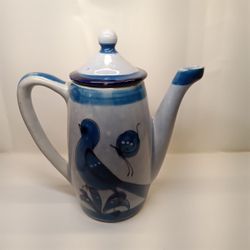 Vintage Tonala Pottery Bluebird Butterfly Coffee Chocolate Teapot Mexico Folk Art.