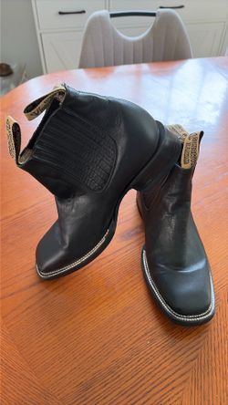 WHITE DIAMOND KID SQUARE TOE LEATHER Black ANKLE BOOT