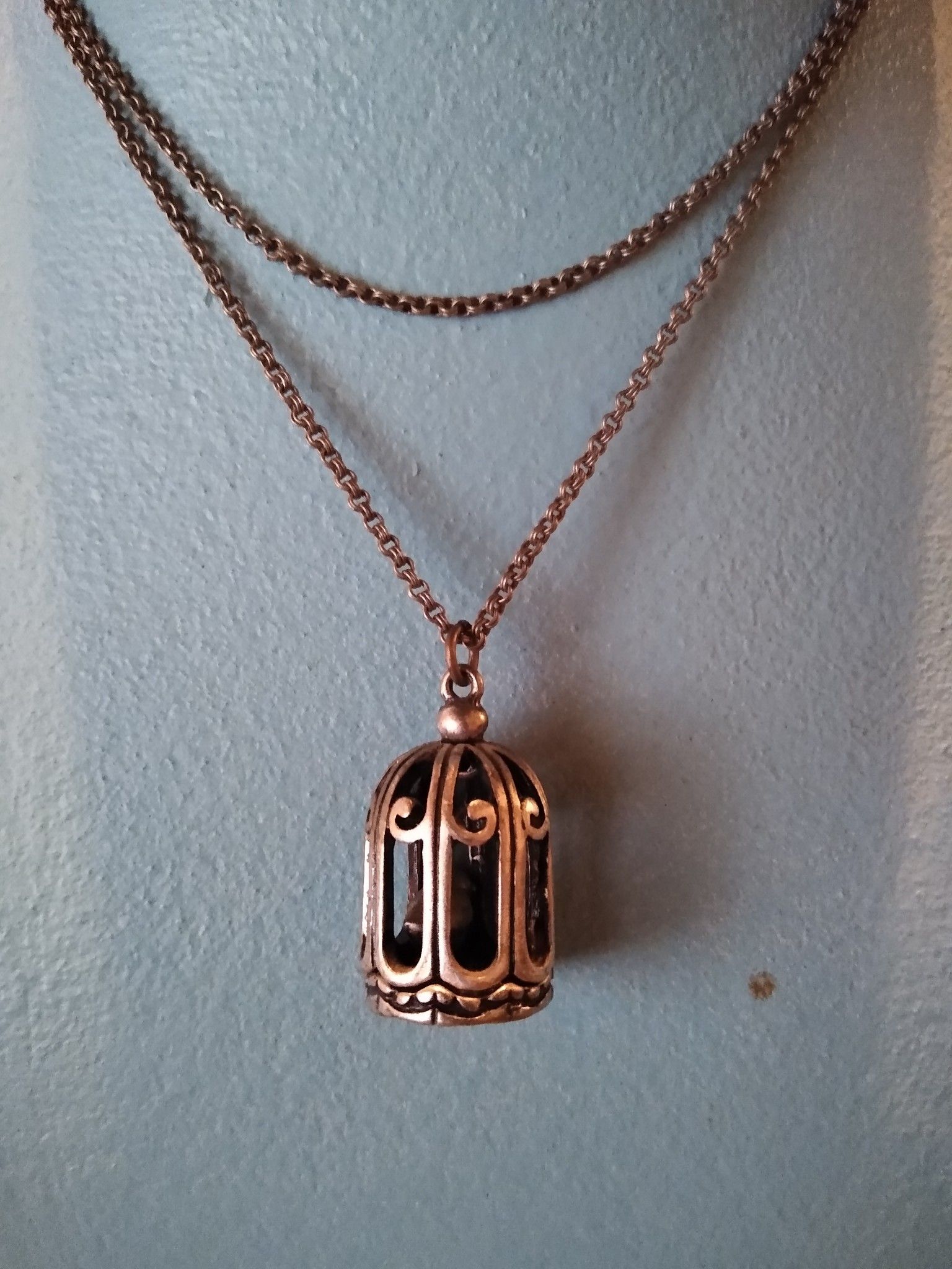 Long copper bird cage necklace.