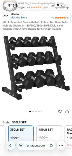 Rubber Hex Dumbbell Set with 3-Tier Rack