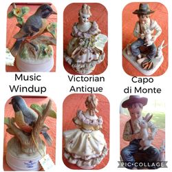 Porcelain statuettes / Bird Musical / Victorian Lady Antique / Capo di monte