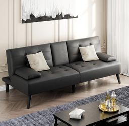 64" Futon Sofa Bed, Leather Foldable Futon Couch, Reclining Sleeper with Removable Armrests, Upholstered Loveseat Sofa Couch with Folding Cup Holders