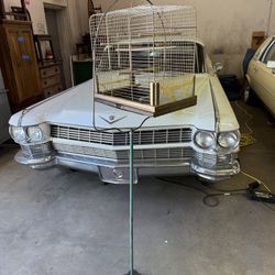 Vintage Mcm, Brass Birdcage And Stand With Accessories