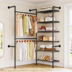 H2 Wall Mounted Clothing Rack, Expandable Industrial Pipe Clothes Rack Garment Racks for Hanging Clothes, Heavy Duty Closet Organizers and S