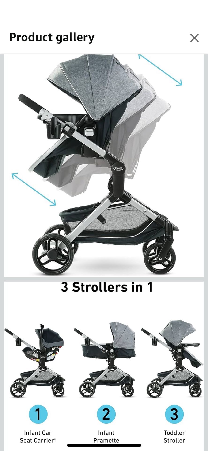 Graco Modes Nest Baby Stroller, 3 Modes: Adjustable Slide2Me Infant Car Seat Carrier, Infant Pramette, to Toddler Stroller, Nico