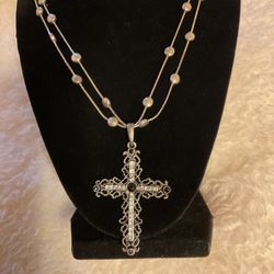 Silver Double Strand Necklace With Cross W/Crystals Pendant 